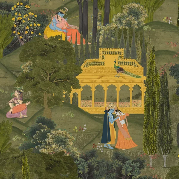 Kanhaiya: Radha and Krishna's Golden Embrace Wallpaper - Image 3