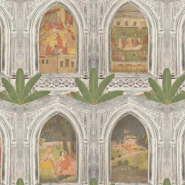 Ramayan: Divine Jharokha Vignettes, Antique Silver Wallpaper - Image 3