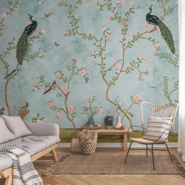 Bagiya, Peacock Chinoiserie Wallpaper in Indian Style, Customised