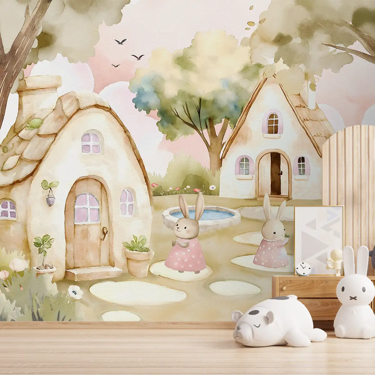 Hoppington Pink Sky Kids Room Customized Wallpaper